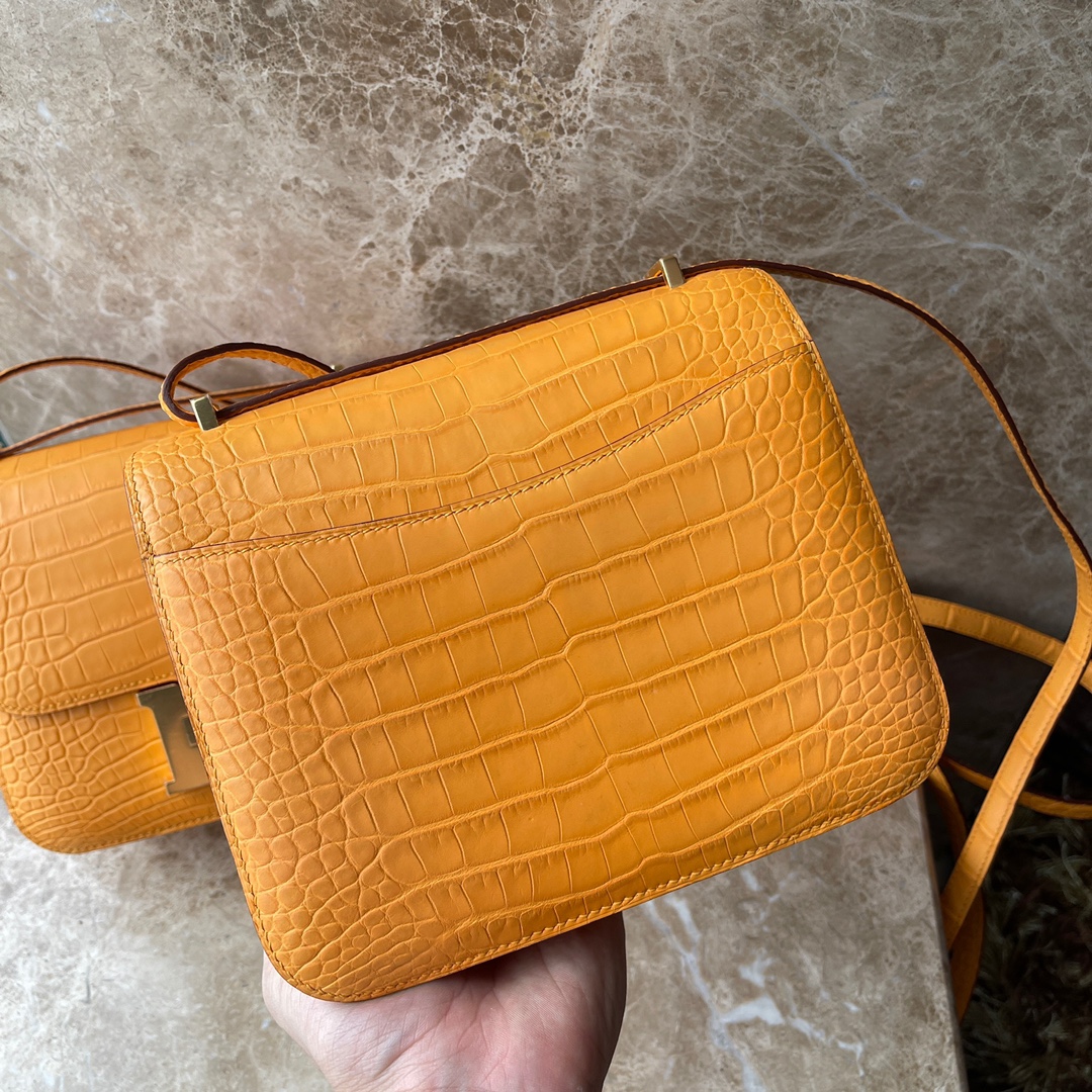 에르메스 콘스탄스18 앰버 옐로우 금장 악어가죽